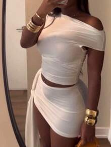 Summer Birthday Dinner Low Rise Prom Dresses Set Two Pieces Blue Sexy Mini Wrap Skirt Stretchy Rave Going Out Sets Outfit - White - View 9