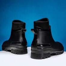 时尚固定式毛绒雨靴，男士低筒短筒雨靴，保暖防水防滑厚底耐穿鞋，适合学生、厨房、涉水、男女情侣穿着 - 黑色 - 查看 7