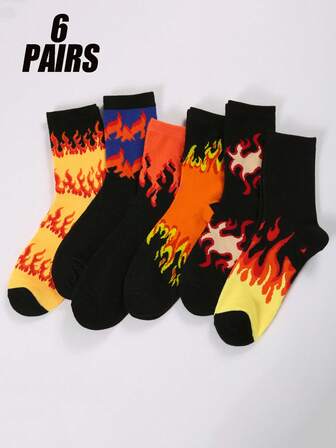 6双装透气吸汗防摩擦撞色火焰图案男士中筒袜，适合日常休闲、派对、运动等场合。