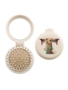 Brodark 1个象牙色和米色花卉图案26字母迷你镜梳，小巧便携，女士必备气垫梳，可折叠气垫按摩梳，镜子和梳子一体设计，旅行和露营配件，返校必备 - 米白 - 查看 18