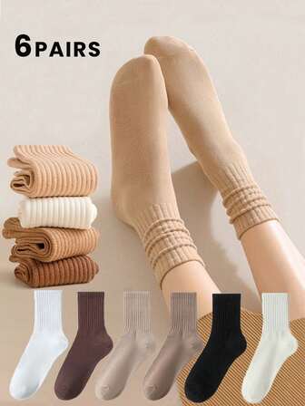 6 pares de calcetines casuales de unicolor, transpirables y resistentes al olor para mujeres, adecuados para uso diario, al aire libre, oficina y talla grande, para todas las estaciones