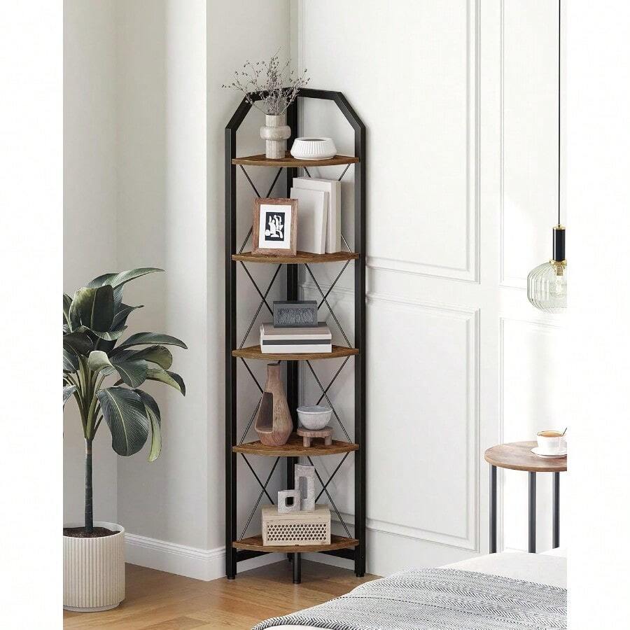 59.4" Corner Shelf 5-Tier Industrial Corner Bookshelf Corner Storage Stand Plant Stand Display Shelf Bookcase For Bedroom Living Room Home Office Rustic Brown And Black TCJ10BF - 鄉村棕色和黑色+5層 - 查看 1