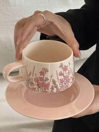 1 st. persikofärgad och kaffekopp och fatset i keramik, fransk stil i rosa porslin, lämplig för te, skolstart, kontor, hemmabruk, alla årstider