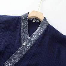 男士棉纱拼接抽绳开襟浴袍，柔软舒适休闲家居服，七分袖 - 水鴨藍 - 查看 3