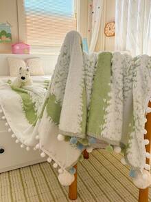 1 chiếc chăn họa tiết sọc hai màu, ấm áp, mềm mại và thoải mái, được trang trí bằng những quả bông mềm mại, thích hợp để trang trí nhà cửa, giường, ghế sofa, văn phòng, phòng ngủ, ký túc xá, có thể giặt máy, thích hợp cho mùa đông và mọi mùa, món quà tuyệt vời dành cho phụ nữ. - màu xanh lá - Xem 8