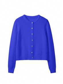 Women's Round Neck Small Shell Twist Button Long Sleeve Knit Cardigan, Women's Short Casual Loose Comfortable Sweater Jacket, New Year Top - Blue - View 6