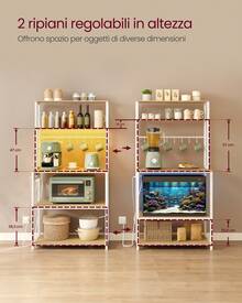 VASAGLE Scaffale da Cucina con LED, Scaffale per Microonde con Multipresa, Ripiani Regolabili, 8 Ganci, 40 x 80 x 168,4 cm, Rovere Dorato e Bianco Opaco - Quercia dorata - Visualizzare 4