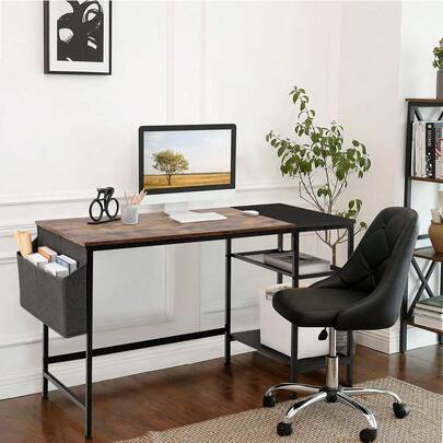 Home Office Desk 47 Inch Small Study Writing Desk Computer Simple Splice Board Table 2-Tier Laptop Table With Stora...