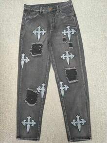 Jeans casuales de estilo urbano para hombres, jeans de mezclilla bordados, estilo emo - Negro - Ver 7