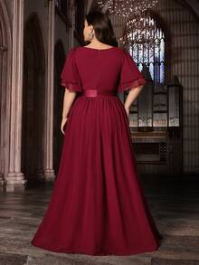 Elegante vestido de noche formal de gasa de unicolor con aplicaciones y parches de lentejuelas para primavera y boda - Burdeos - Ver 2