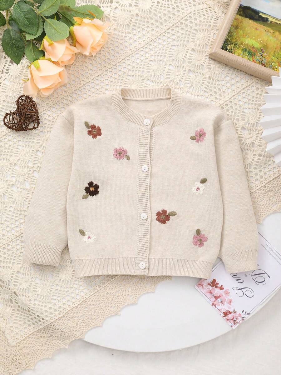 Baby Girls' Cute & Sweet Floral Embroidery Pattern Warm Long Sleeve Knitted Cardigan Sweater Jacket, Suitable For Autumn/Winter Outings, Daily Wear Or Gatherings - Beige - View 1
