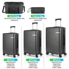 tooluck 5 Piece Luggage Sets(4-YEARS WARRANTY) ABS+PC Suitcases With Wheels And Side Hook Hardshell 20/24/28 Inch Luggage With Duffel Bag Travel Bag,Black - 5pcs 黑色 - 查看 2