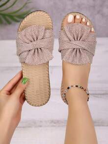 Papuci de damă gri, casual, la modă, minimalisti, drăguți, versatili, confortabili pentru casă, plajă, exterior, cumpărături, decor cu fundă, potriviți pentru primăvară, vară, toamnă, iarnă, material textil, sandale gri cu vârful rotund și plat