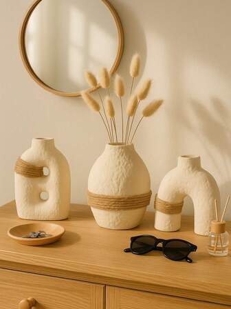 Vintage Nordic Rope Wrapped Textured Vases, Single Or 3 PiecesSet, Cream Decor For Living Room, Bedroom & Balcony,