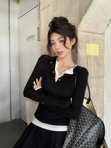 初秋休闲二合一修身长袖T恤女款黑色春季款 - 黑色 - 查看 3