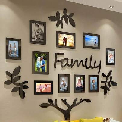 一套家庭树墙饰，亚克力DIY组合镜面贴纸，相框拼贴家居装饰，3D立体自粘照片墙贴，家庭墙贴，适用于客厅、卧室、餐厅、办公室、新居礼物，大尺寸47x47英寸