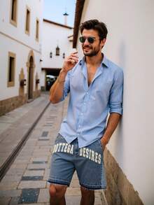 Mens Letter Embroidery Denim Shorts Fashion Casual Self-Cultivation Denim Shorts Hip Hop Zip Up Shorts With Pockets - 藍色 - 查看 4