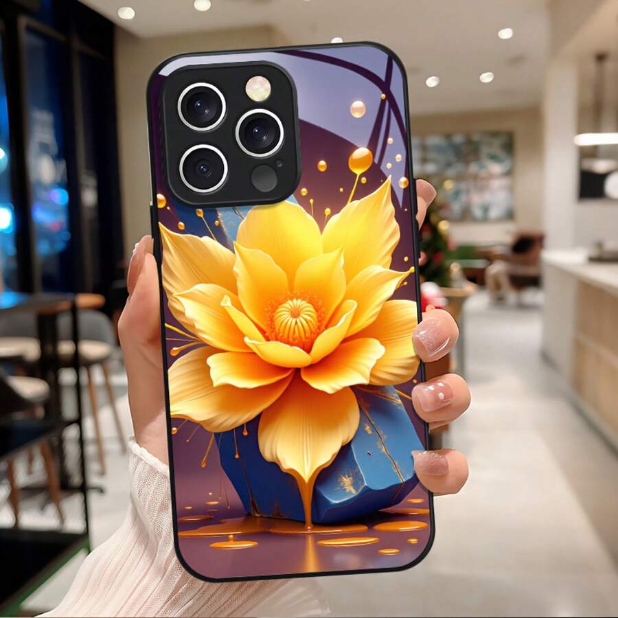 Funda de Teléfono de Vidrio Templado para iPhone 16, 15, 14, 13, 12 Plus Pro Max 5G - Diseño de Flor Gradiente de Cristal Azul, Sueño y Vibrante Coexisten - Colores mixtos - Ver 1