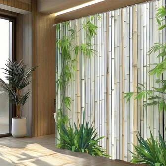 1 pieza Cortina de ducha con paisaje de pared de bambú y plantas verdes, de tela de poliéster lavable, para decoración de exteriores o patio, cortina de ducha divisoria de baño con ganchos