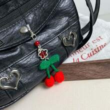 Winter Story New Handmade Knitted Cherry Beaded Five-Pointed Star Sweet Cherry Yarn Craft Phone Lanyard, Phone Charm, Earphone Charm, Bag Charm