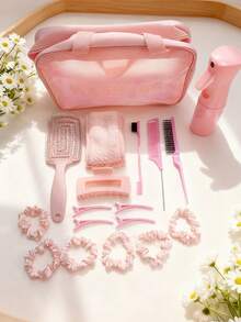 18 قطعة مجموعة أدوات تجميل للنساء، أساسيات العناية اليومية منظم للسفر (يشمل مشط، مقاطع شعر، مخالب شعر، ربطات شعر، أربطة شعر، زجاجة رذاذ وحقيبة سفر عملية)