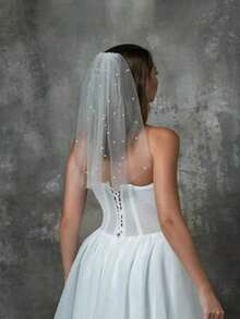 1pc Short Pearl Veil, Simple Engagement Decorative Veil, Wedding Veil, Cosplay Veil, Theme Party Veil, Proposal Veil, Easy Portable - 白色 - 查看 3