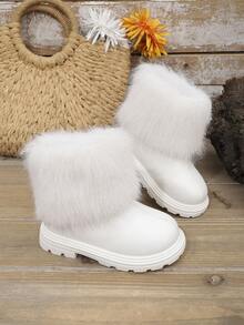 1 Paar weiße Kinder-Schneestiefel in großen Größen für Mädchen, einfarbig, weich und bequem, aus PU und Kunst-Kaninchenfell-Mix, klassisch minimalistisches Design mit Reißverschluss hinten, runde Zehenpartie, dicke Sohle mit Höhenzunahme, modische niedliche Mädchen-Stiefeletten, geeignet für 3-15 Jahre alte Schülerinnen, für Alltag, Party, Lässig und Outdoor, Herbst/Winter, neuer Stil - Weiss - Übersicht 6