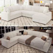 130'' Sofa Bed, Convertible Pull Out Sleeper Couch With Storage, Modern 6-Seater Sleeper Sofa For Living Space, Stylish Living Room Furniture, Faux Fur White Sofa - 白色 - 查看 4