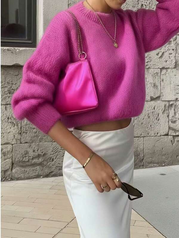 PARA LA BELLEZA Nuevo suéter de punto de cuello redondo de manga larga para mujer, de unicolor suave y cálido, de estilo simple y de moda para ir al trabajo, informal y versátil, estilo cálido y perezoso. Navidad Año Nuevo