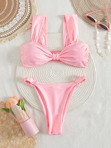 PEPPERMOLLY New Solid Color Soft Fabric Thick Strap Pleated Sexy Bikini Set, Women Stylish Swimwear For Summer Beach - Pink - View 2