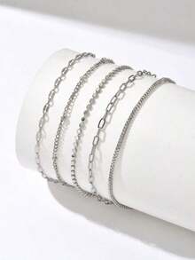 5pcs/Set Elegant Silver-Tone Layered Bracelets Women, Minimalist Jewelry (Bead Quantity On Chain Is Random, But Length Is Fixed) OUBO - 黃金5件裝 - 查看 2