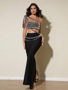 LOVE Aing 女士优雅黑色连衣裙，手工镶钻性感露背两件套连衣裙，适合派对、宴会、正式晚宴、生日、毕业典礼等场合。