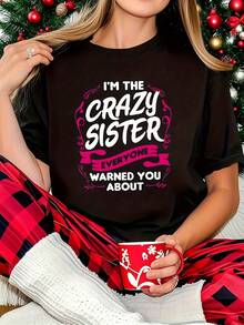 Crazy Sister  1 Pcs Women's Plus Size T-Shirt Funny Oversized Graphic Short Sleeve Tee Novelty 100% Polyester Shirt Casual Crew Neck Top 220g - 黑色 - 查看 1