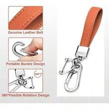 Llavero de piel genuino para coche, accesorios universales de metal resistente, llavero de coche con cierre giratorio de 360 grados y anillo en D antiprdida para hombres y mujeres rosa claro - Universal + Naranja - Ver 3