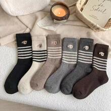 5 Pairs Autumn/Winter Warm Striped Wool Socks For Women, Retro College Style Mid-Calf Socks, Random Assortment - Multicolor - View 2