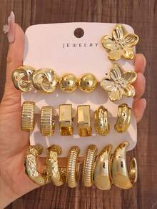 6-30pcs Gold-Plated Flower Petal & Geometric Textured C-Shaped Earring Set, Suitable For Daily Wear, Great Gift For Family, Friends And Girlfriends - Yellow Gold - View 17