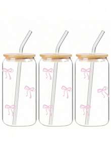 1pc 16oz Reusable Transparent Coffee Cup With Bowknot Design, Comes With Bamboo Lid And Straw, Large Capacity Outdoor Travel Portable Beverage/Juice Cup, Suitable For Summer & Winter, Birthday/Holiday Party Gift, Glass Water Bottle, Valentine's Day - Multicolor - View 8
