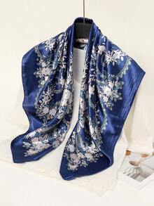 1pc Women's Fashion Floral & Geometric Print Satin Chain Paisley Bandana Scarf, 90 Square Inches, Christmas Set - 02-navy Blue - View 4