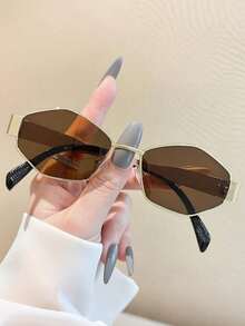 2 pares de gafas de montura metálica sin borde con diseños redondo y rectangular, de estilo casual, para ir al trabajo, la playa y la calle - 2 piezas sin marco marrón - Ver 8