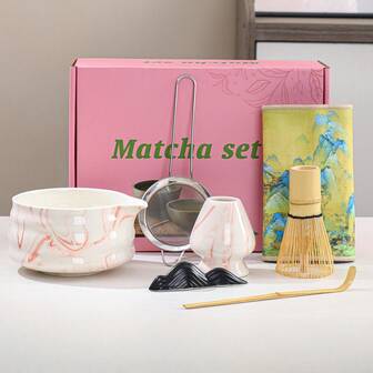 1pc/4pcs/7pcs Japanese Style Floral Gradient Pink & White Matcha Tea Set, Includes Matcha Bowl, Matcha Whisk, Matcha Cup, Stirrer, Tea Spoon, Tea Bowl Set, Matcha Preparation Tools, Dessert & Beverage Making Tools, Japanese Gift Box, Matsukawa Matcha Stirring Set, Gift For Matcha Lovers