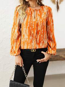 Women's Casual V-Neck Long Sleeve All-Over Print Shirt - Orange - View 3