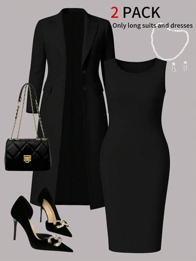 Plus Size Women Elegant 2-Piece Set, Solid Color Minimalist Versatile Long Blazer Cardigan + Bodycon Mid-Length Dress, Suitable For Daily Commute, Autumn/Winter