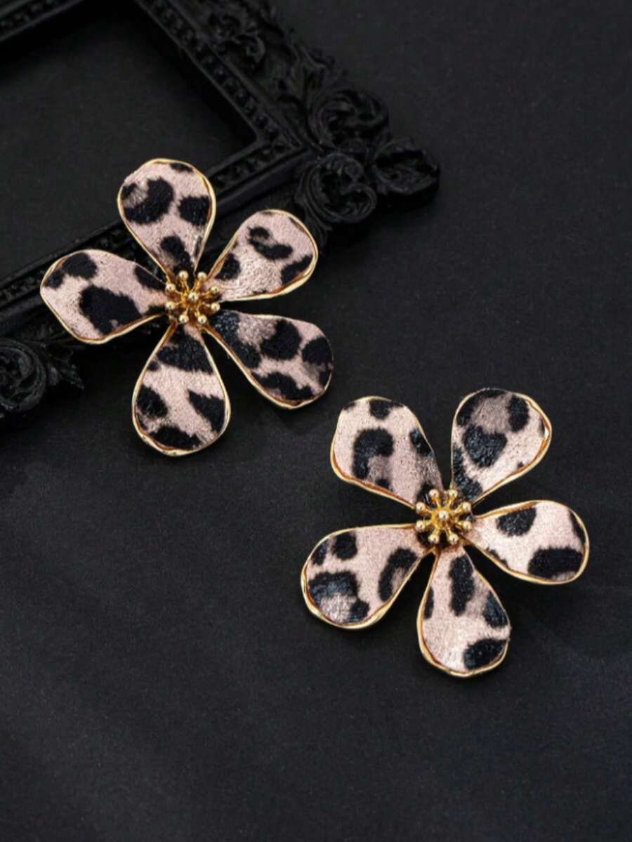 1 par de pendientes de flor con estampado de leopardo de peluche, diseño único y de moda, adecuado para uso diario, accesorio de otoño/invierno - Multicolor - Ver 1