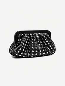 New Fashionable Versatile Features A Pleated Design With Retro Square Metal Trim. Simple Rivet Banquet Bag Niche Design High-End Retro Punk Style Popular Design Commuting Shopping Ladies Black, Cool Style Halloween Purse Perfect For Fancy Party Halloween Fashion & Music Festival Gothic Fashion - Black - View 12