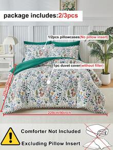 2/3件套绿色植物叶子图案印花涤纶被套组，带绒球流苏，现代田园风四季皆宜床上用品套装，柔软透气，可机洗（1个被套+1/2个枕套，不含填充物） - 綠色 - 查看 4