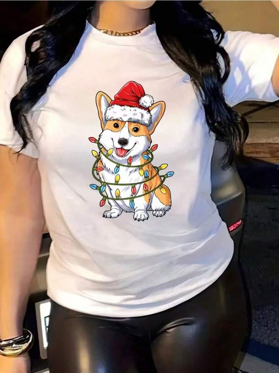 Camiseta informal de mujer con estampado de Feliz Navidad, cómoda camiseta de manga corta y cuello redondo, adecuada para primavera y verano, fiestas navideñas y conjuntos de invierno, apropiada para cualquier ocasión, color liso, estilo informal, fiesta de Navidad, reunión familiar, uso diario. - Blanco - Ver 1