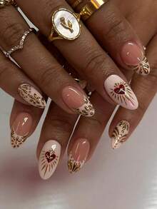 10 uñas postizas de almendra hechas a mano, puntas francesas, blanco, rosa aurora, superficie de uñas brillante, corazón de reina, uñas falsas pintadas a mano con cromo 3D, estilo gótico francés, adecuadas para decoración de uñas de niñas y mujeres para uso diario, boda, baile de graduación y vacaciones, incluye gelatina y lima de uñas - Multicolor - Ver 5