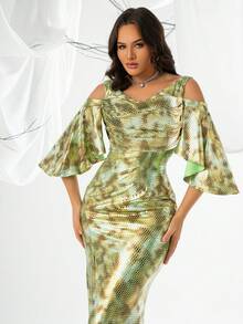 VIPGIRL 女士扎染露肩开衩长款晚礼服 - 綠色 - 查看 5