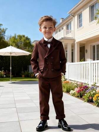 3pcs Boys Suit Set, New Flower Boy Wedding Formal Outfit, Performance Suit For Toddler, Little Kid, Big Kid, Teenager, Includes Blazer, Pants, Bow Tie