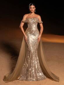 Shiny Patchwork Pattern Sequin Patchwork Zipper Mesh Patchwork Formal Evening Gown - Cà phê nâu - Xem 3